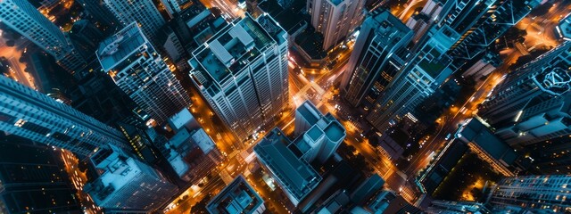upside down overhead birds eye perspective drone view on a modern city center with skyscraper buildings and roads in the dark evening night. wide banner wallpaper background for ads, web design, sites