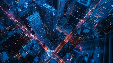 upside down overhead birds eye perspective drone view on a modern city center with skyscraper buildings and roads in the dark evening night. wallpaper background for ads, web design, sites