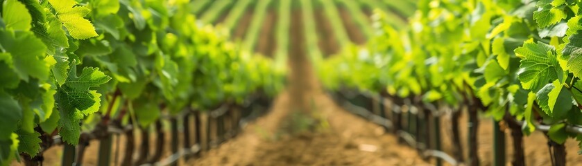 Vibrant green vineyard rows stretch across the landscape on a sunny day, showcasing the thriving growth of grapevines in a lush agricultural setting.