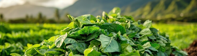 A vibrant image of a pile of fresh green leaves in a field, showcasing lush, healthy foliage under the sunlight. The mountainous background adds to the natural and organic feel of the scene.