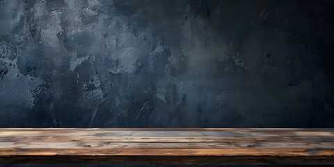 A wooden table is in front of a dark room wall background for advertising and product placement