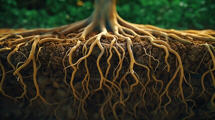 Close-up of tree roots spreading through soil, showcasing nature's intricate underground network essential for growth and stability.