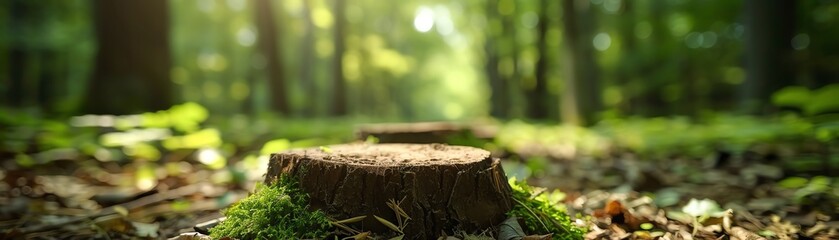 Serene forest pathway with sunlight filtering through trees, highlighting a moss-covered tree stump in peaceful nature scenery.