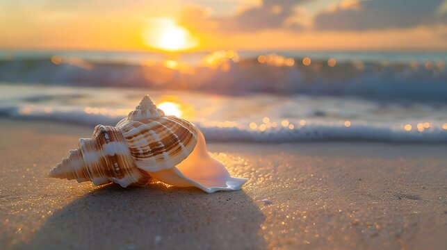 Beach scene with seashell close-up