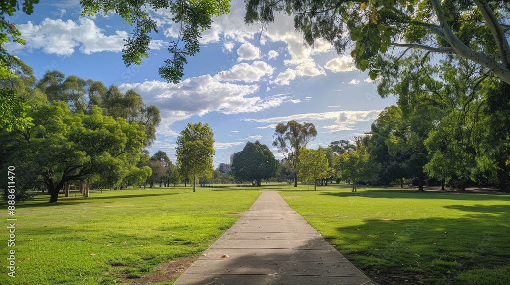 Poster a park with a path through it and trees on either side
