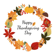 Autumn wreath with congratulatory text on the frame happy Thanksgiving. Autumn festival. A greeting card.