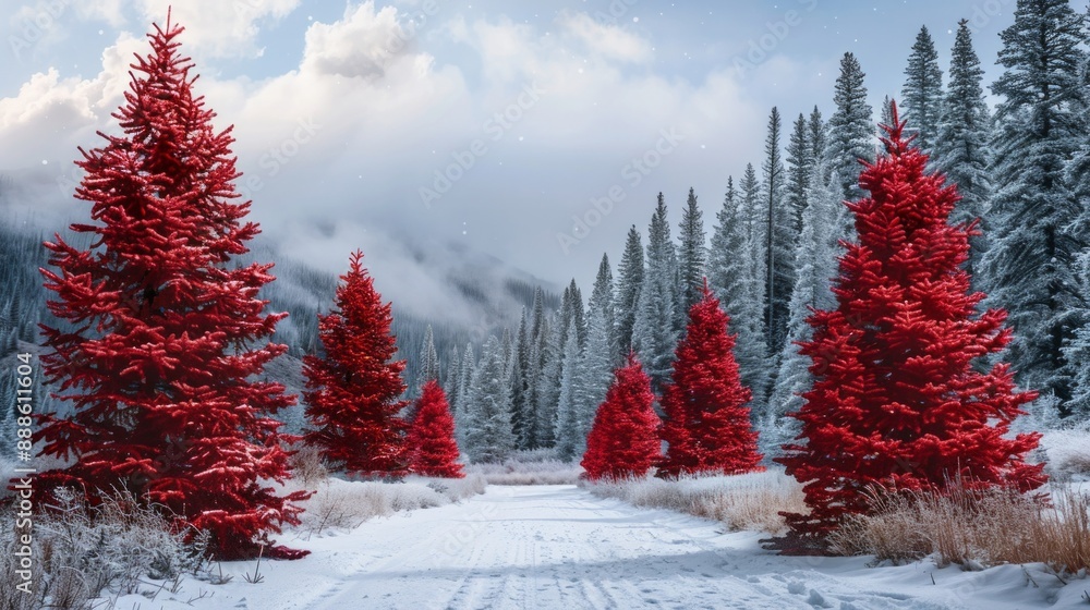 Poster a snowy path with red trees in the background