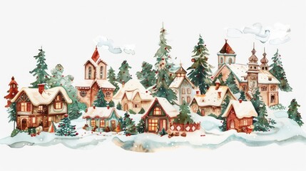 A painting of a small town with houses and trees covered in snow