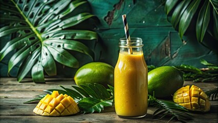 Fresh mango smoothie in a glass bottle with a straw, tropical vibes against a rustic background, mango, smoothie, glass bottle