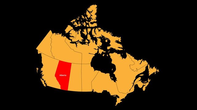 Alberta map animated video. Location is highlighted on the Canada map. Color with a transparent PNG background in video format.	