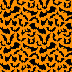 Halloween holiday bats pattern, seamless background for horror night holiday, cartoon vector. Flying scary vampire bats in black silhouettes on orange background for Halloween decoration pattern