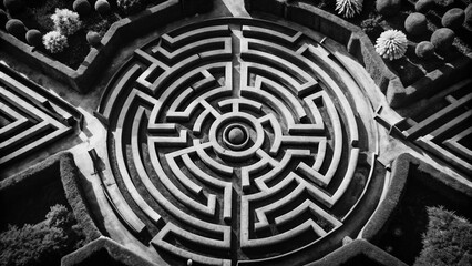 Black and white of a challenging circular maze, a tangled puzzle with one path to success