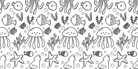 Seamless pattern with hand drawn aquatic animals. Background for textile, wrapping paper, fashion, illustration.