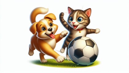 Fototapeta premium cartoon art, puppy and kitten playing ball in the ground