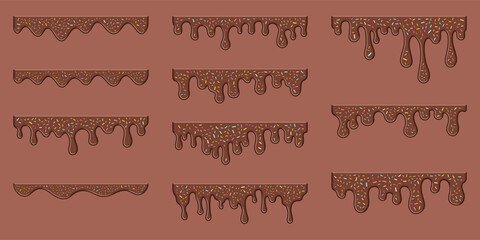 Set Simple Dripping Chocolate Liquid with Rainbow Sprinkles Collection.