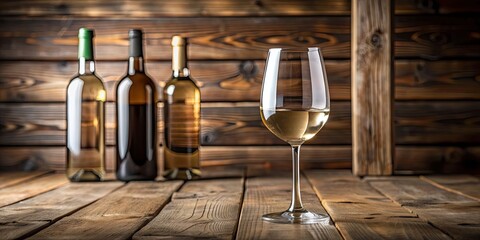 Wei?weinglas auf Holztisch mit Weinflasche im Hintergrund, Wei?wein, Weinglas, Holztisch, Weinflasche, Glas, Alkohol