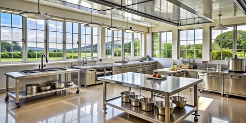 Empty school kitchen with large windows and various cooking utensils , school, university, kitchen, empty, large windows