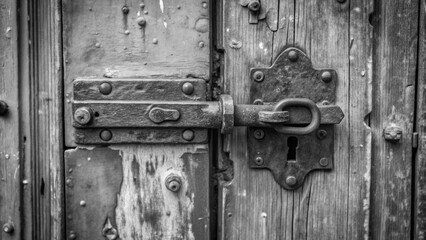 Fototapeta premium An aged wooden door with a rusty metal lock secures a weathered entrance