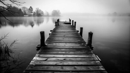 Obraz premium A wooden pier stretches out on a calm lake, mist rising from the water in the morning light