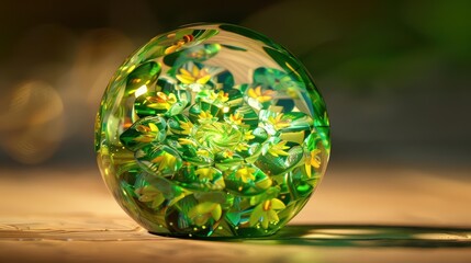 Millefiori glass paperweight, rich greens and yellows, illuminated by warm indoor light, macro perspective, side angle, blurred background, intricate details