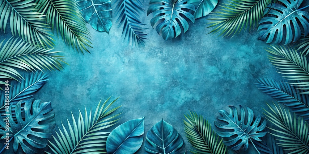 Poster Blue tropical foliage on paper texture wallpaper, tropical, foliage, blue, paper, texture, wallpaper