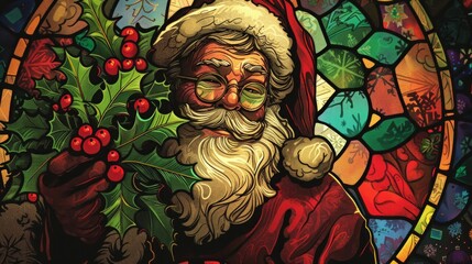 Obraz premium A man dressed as Santa Claus holding a wreath of holly