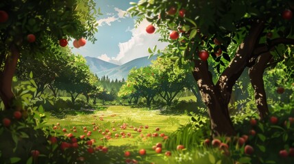 A painting of a lush green field with a mountain in the background