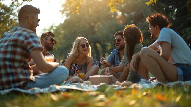 Friends enjoying a picnic in a park, sharing laughter and snacks under the sun. Joyful moments of friendship