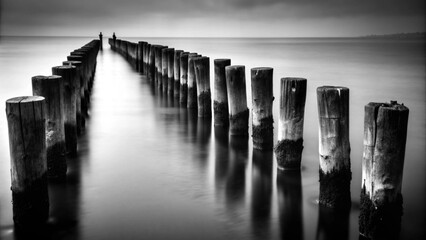 A black and white image of a bridge against a monochrome wall