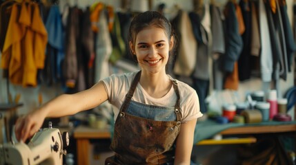 Fototapeta premium A woman is smiling and holding a sewing machine