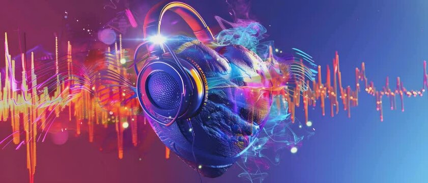 Love heart beat with headphone infinite loop animation. 21:9 aspect ratio