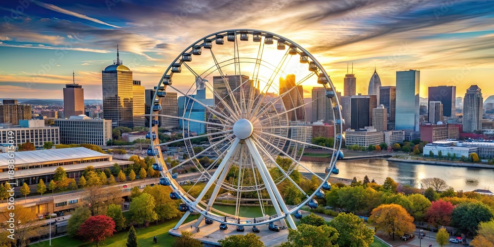 Wall mural Big wheel overlooking the city skyline in Montreal , Montreal, cityscape, observation wheel, ferris wheel, attraction