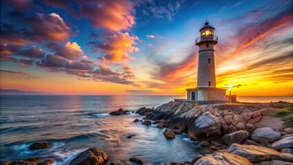 A lighthouse standing tall on the rocky shore during a sunset, lighthouse, shore, coastal, beacon, navigational, landmark, ocean, sea © Sujid