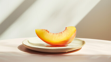 陶器の皿に置かれた桃の一切れ