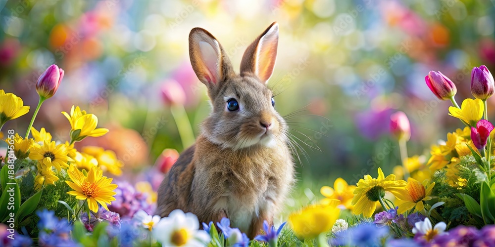 Poster Cute rabbit surrounded by colorful spring flowers. Happy Easter celebration, rabbit, cute, spring, flowers, Easter, celebration