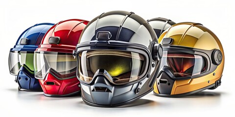 Fototapeta premium Collection of high-tech helmets for maximum protection, helmet, headgear, safety, isolated, gear, protective