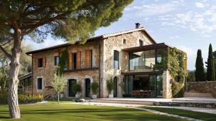 A large stone house with a tree in front of it