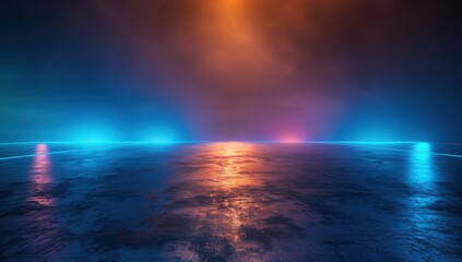 Abstract Blue and Orange Gradient Background with Reflective Floor and Dark Sky