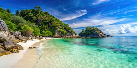 White sandy beach at Monkey Beach in Thailand with rocks in the clear blue water, Thailand, Monkey Beach, white sand, beach