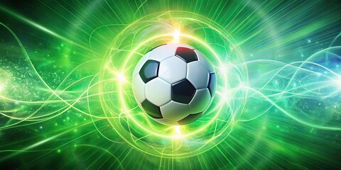 Naklejka premium Soccer ball surrounded by vibrant energy field on bright green background, soccer, ball, energy, field, vibrant, green