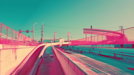 A pink and blue sky with a road in the middle