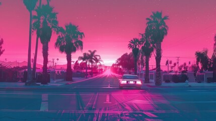 Naklejka premium A car is driving down a street in a city with palm trees in the background