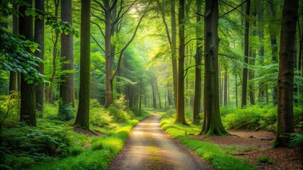 Obraz premium A serene path winding through a lush forest , Nature, Trees, Greenery, Peaceful, Serene, Trail, Woods, Tranquil, Outdoor