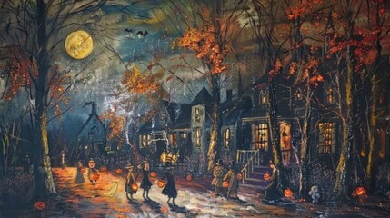 A painting of a Halloween scene with a group of children walking down a street w