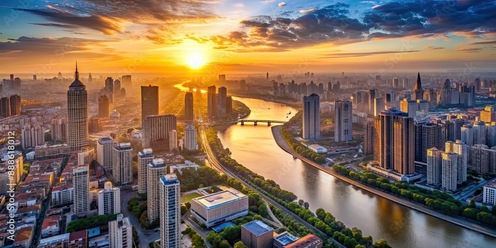 Wall mural Aerial view of urban cityscape at sunset with buildings and river, city, urban, skyline, aerial, sunset, buildings