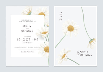 Wedding invitation template, white daisy flowers on grey background