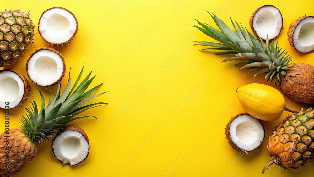 Poster Coconut and pineapple tropical fruits on a bright yellow background , summer, healthy, food, vibrant, sweet, freshness, exotic