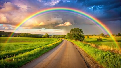 Obraz premium Rainbow arching over a scenic country road, nature, landscape, colorful, countryside, travel, beauty, vibrant, sky, clouds