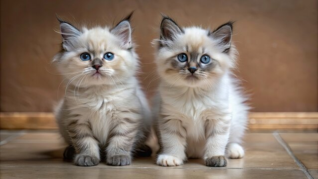 Two adorable blue lynx point ragdoll kittens playing together , ragdoll, blue, lynx point, kittens, cute, fluffy, playful, pets