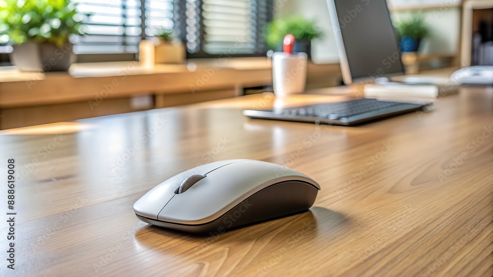 Poster workspace highlighting wireless mouse and ample copy space